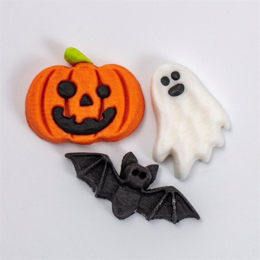 Syötävät sokerikoristeet Halloween (kurpitsa, lepakko ja haamu), 12 kpl
