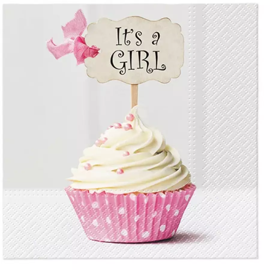 Lautasliina "It's a girl" vaaleanpunainen kuppikakku, iso, 20 kpl