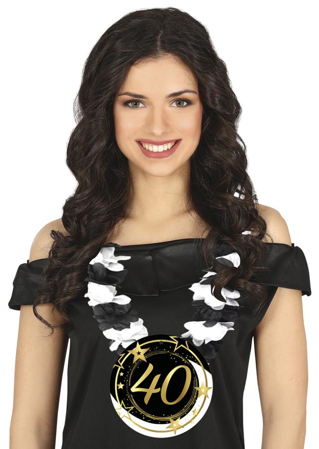 40 v. kaulakoru musta-valkoisella lei-kukkaköynnöksellä