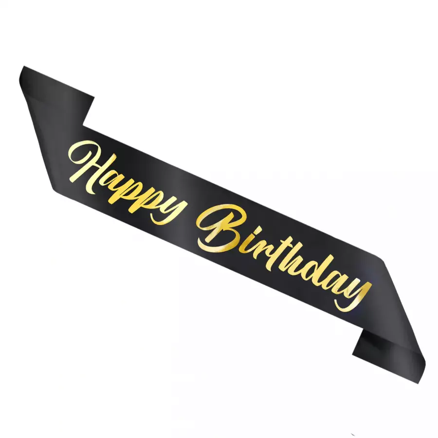 Olkanauha "Happy birthday" musta kullanvärisellä tekstillä, 1 kpl