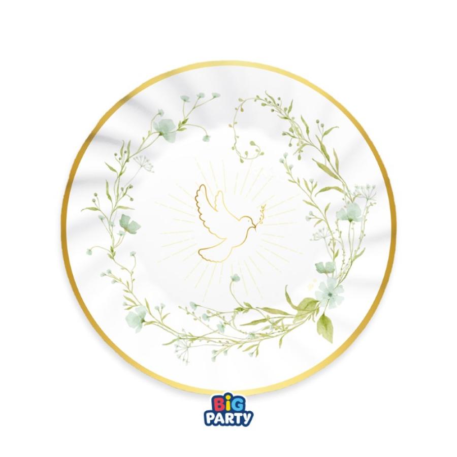 Pahvilautaset kyyhkynen, lehtiköynnös ja kukkia 25 cm, 6 kpl