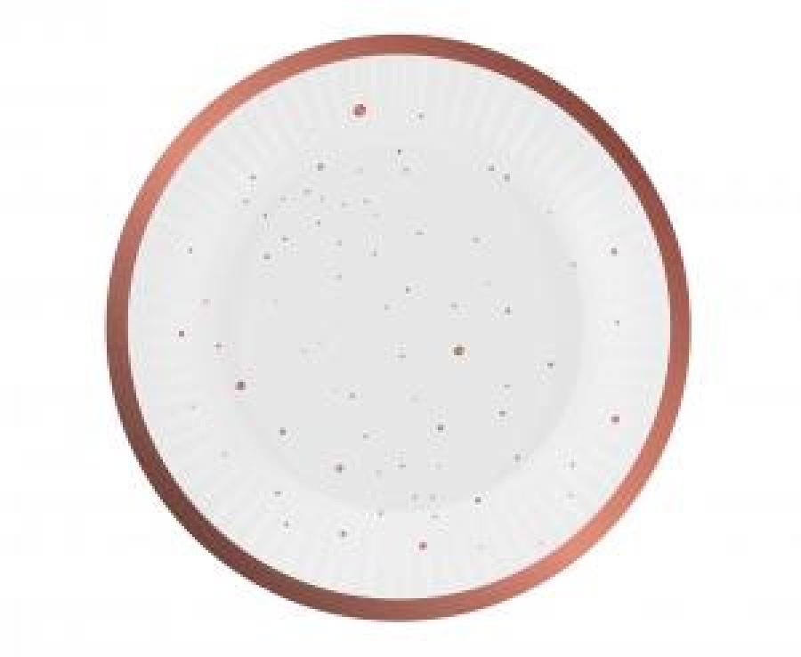 Pahvilautaset ruusukultaisilla pilkuilla 18 cm, 6 kpl