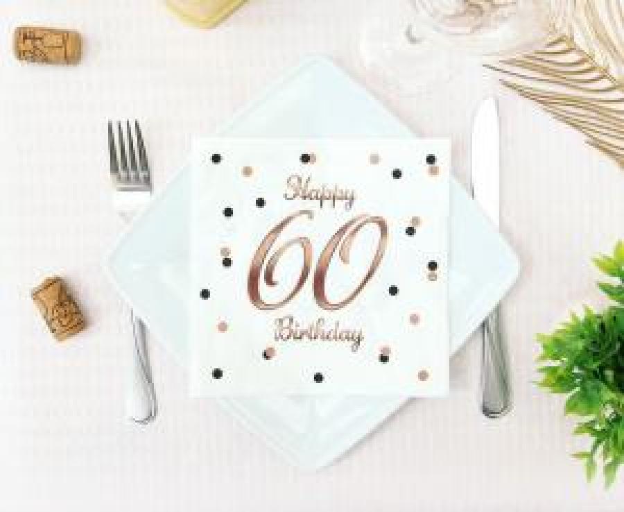 Iso valkoinen lautasliina "Happy 60 Birthday" ruusukultatekstillä, 20 kpl