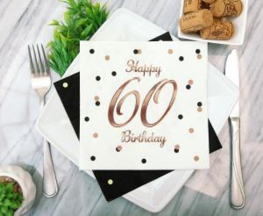 Iso valkoinen lautasliina "Happy 60 Birthday" ruusukultatekstillä, 20 kpl