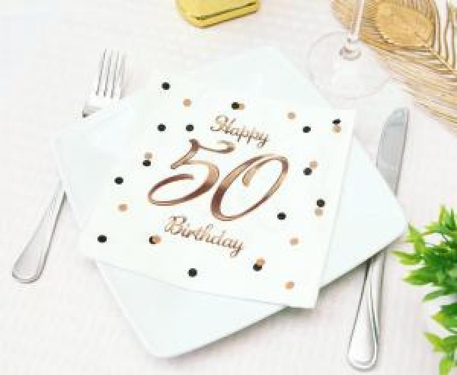 Iso valkoinen lautasliina "Happy 50 Birthday" ruusukultatekstillä, 20 kpl