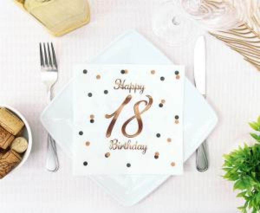 Iso valkoinen lautasliina "Happy 18 Birthday" ruusukultatekstillä, 20 kpl