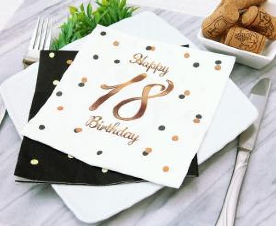Iso valkoinen lautasliina "Happy 18 Birthday" ruusukultatekstillä, 20 kpl