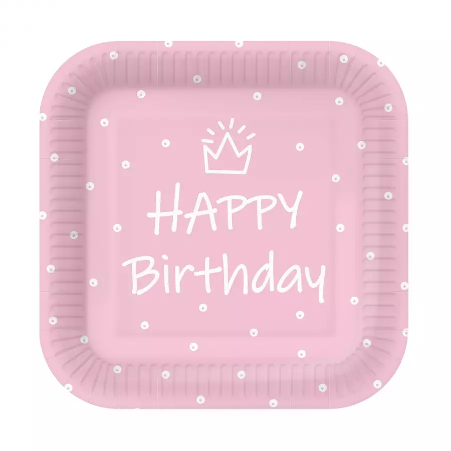 Pahvilautanen "Happy birthday" vaaleanpunainen neliö 23 cm, 10 kpl