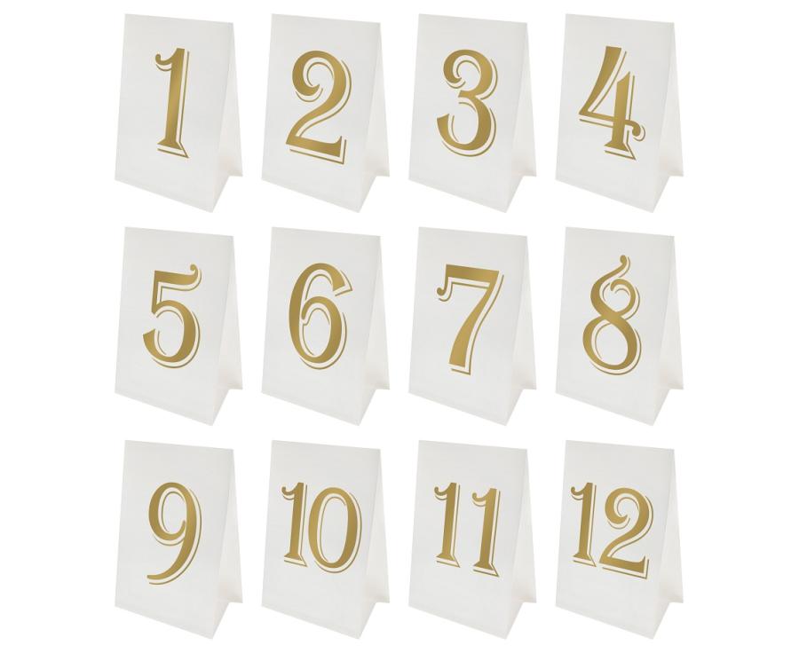 Pöytänumerot 1-12 valkoinen kullanvärisillä numeroilla 10 x 15 cm