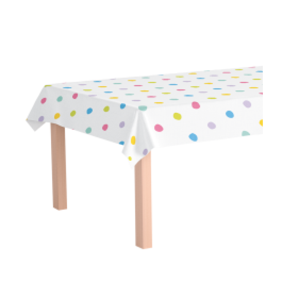 Muovinen pöytäliina, värikkäät pilkut, 137x274 cm