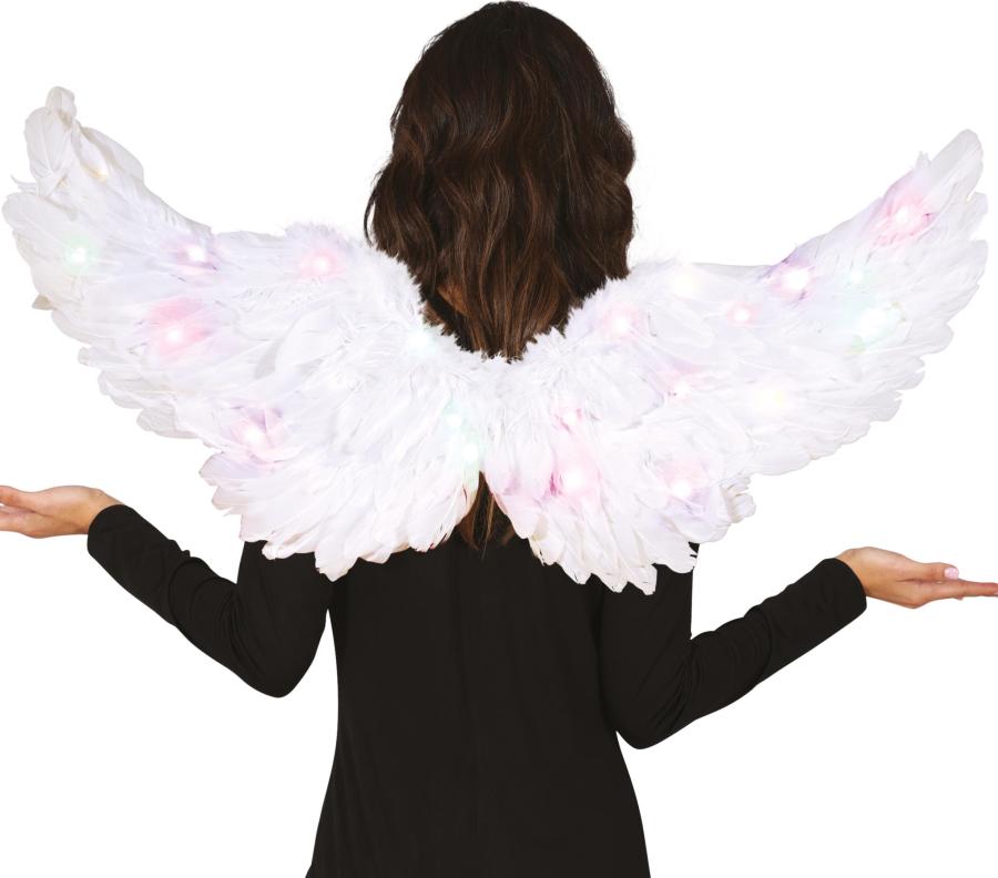 Valkoiset höyhen-enkelinsiivet valoilla 80 x 40 cm