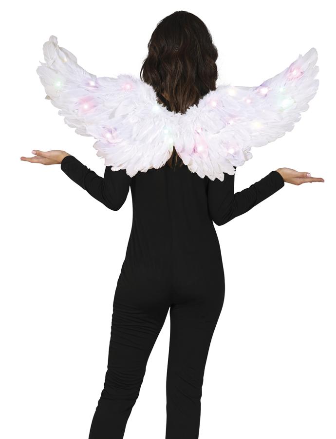 Valkoiset höyhen-enkelinsiivet valoilla 80 x 40 cm